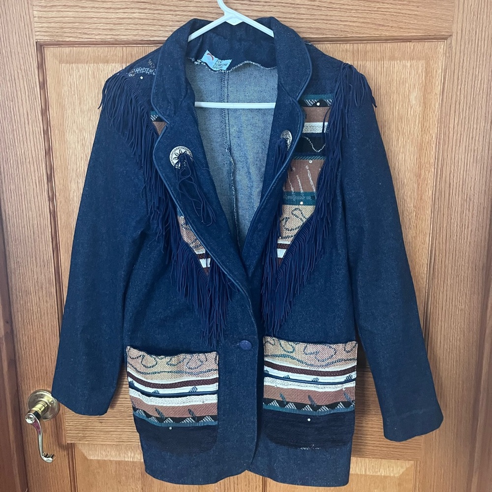 Western, Aztec print on of a kind fringed denim jacket